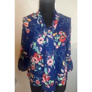 Navy Blue‎ Floral Tie Neck Blouse Ruffle Bell Sleeve Keyhole Back Top